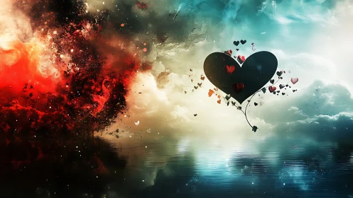 Biomorphic heart silhouette with particle dispersion across fire-aqua gradient.