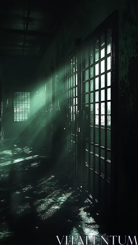 Moody prison corridor with volumetric teal light beams.