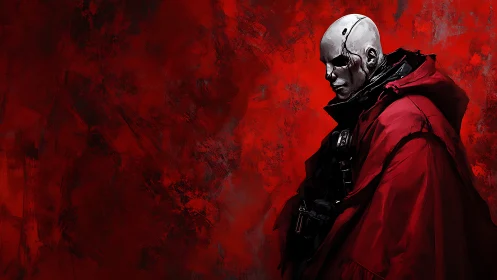 Cyborg warrior in red cloak against rough red background.