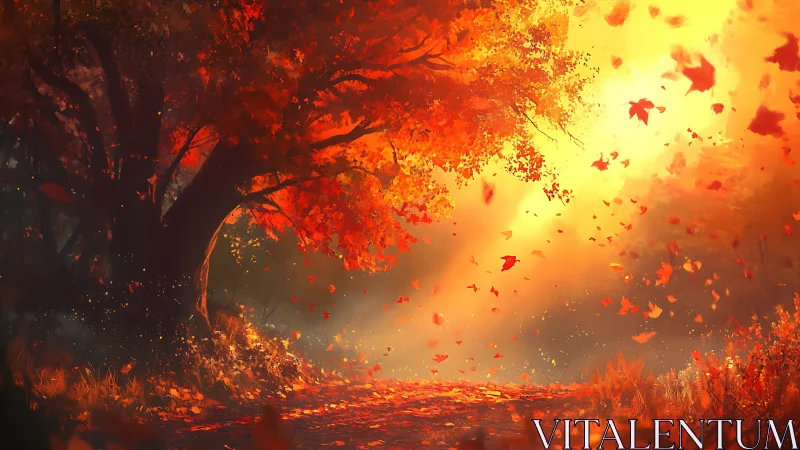 Backlit autumn forest path with windblown crimson foliage