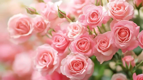 High-key macro study of blooming pastel pink rose cluster