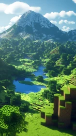Voxel mountain landscape with river, forest, and clouds.