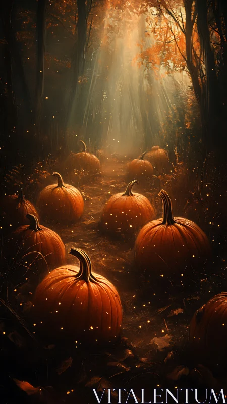 Enchanted Pumpkin Path: Mystical Forest Illumination with Crepuscular Rays.