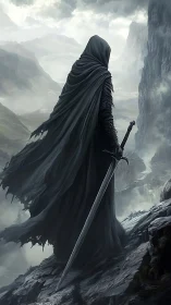 Lone cloaked wanderer watching over a misty mountain pass.