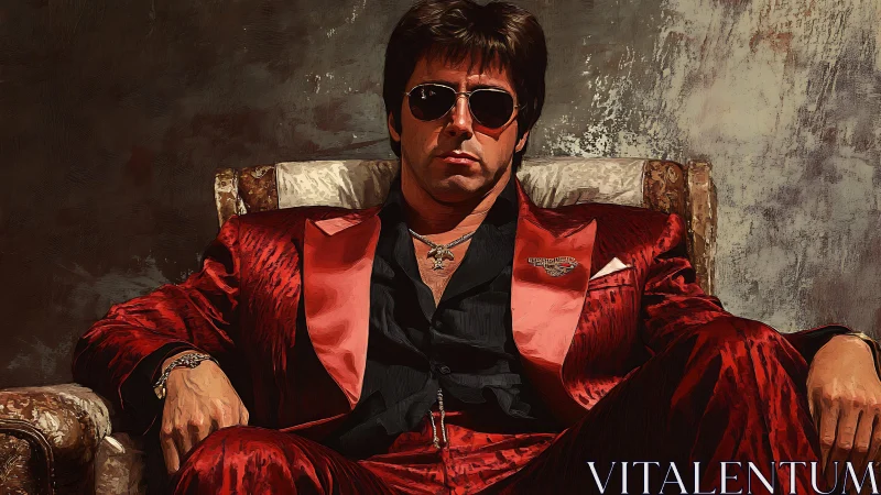 Man in red satin suit seated in armchair with dark backdrop.