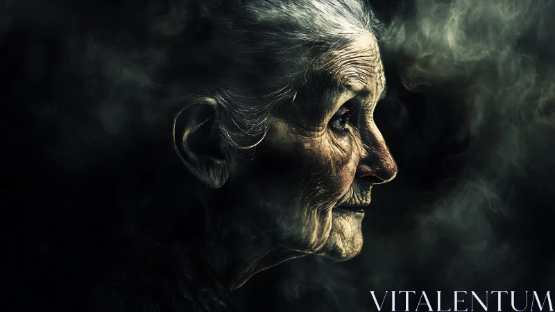 Moody profile portrait of elderly woman in chiaroscuro light.