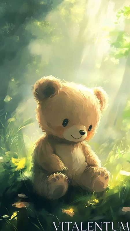 Digital painting of teddy bear in luminous forest glade light.