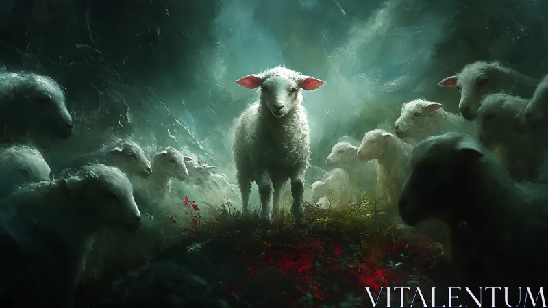 Lone white lamb encircled by flock in moody forest light.