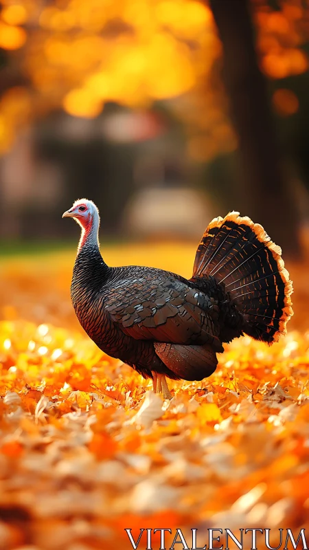 Autumn-parade turkey struts through molten-gold forest floor.