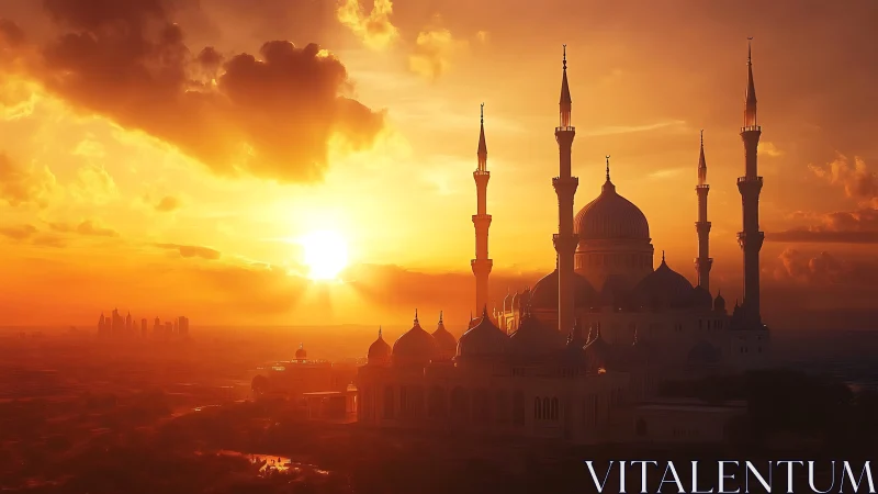 Photorealistic mosque silhouette against radiant sunset sky.