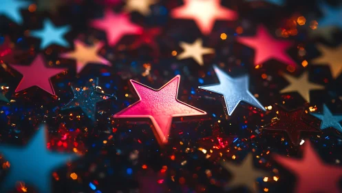 Colorful star confetti macro with glowing bokeh light.
