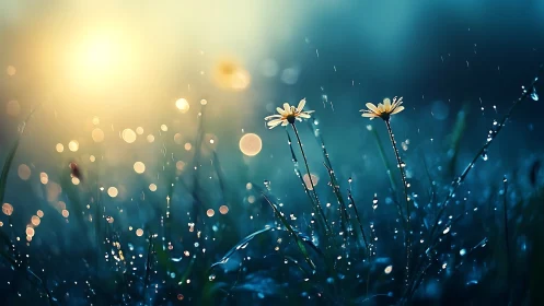 Dewdrop Flowers Glowing Against Warm Morning Light.