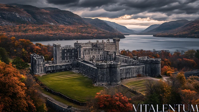 Stone fortress complex stands above river amid autumn hills