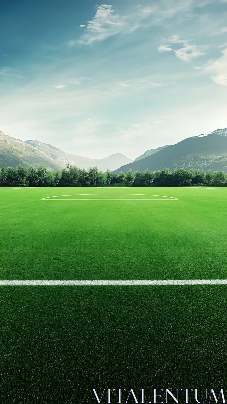 Mountain-ringed soccer pitch under clear blue morning sky.