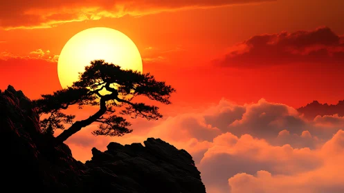 Digital painting sunset with silhouetted bonsai on cliff edge.
