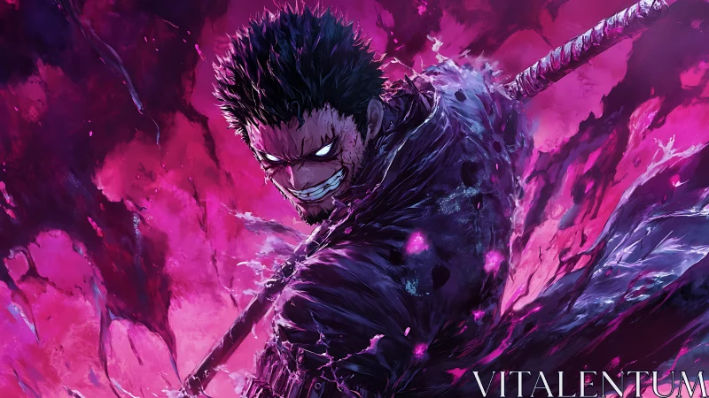 Dark anime swordsman amid intense swirling energy.