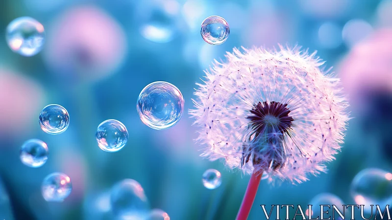 Dandelion seed head with soap bubbles against blue background
