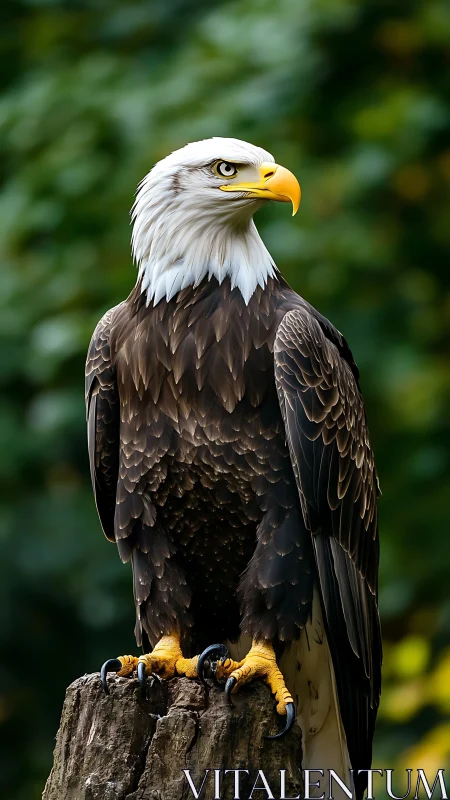 Bald eagle portrait with bokeh forest background composition.