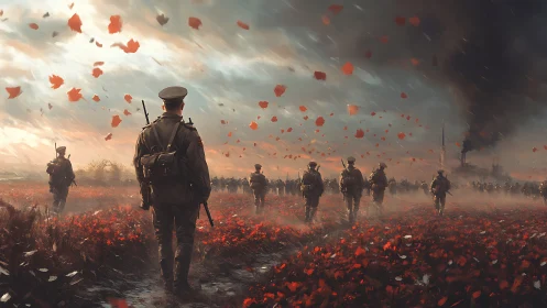 Digital war tableau with marching soldiers in poppy field panorama.