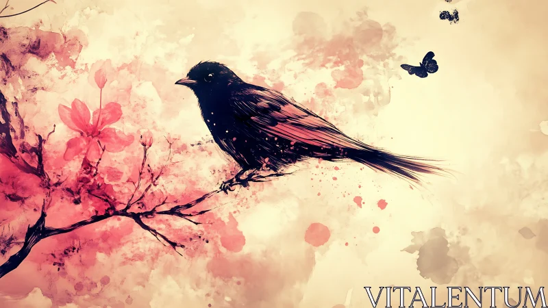 Avian silhouette on vermilion branch in fluid ink dispersion.