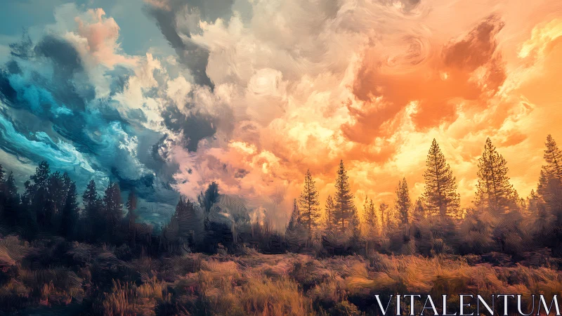 Forest treeline negotiates between teal storm and ember dawn