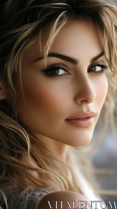 Soft portrait highlights serene gaze and golden hair.