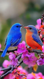 Vibrant passerine pair rendered in hyper-saturated realism
