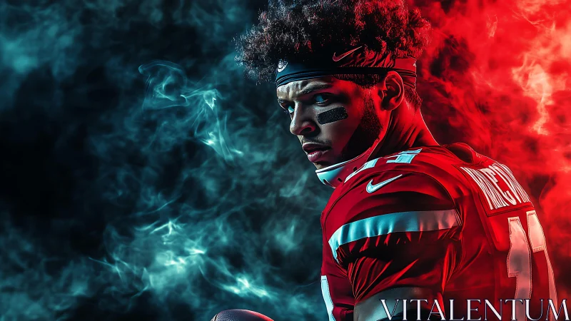 Intense football player stands in dramatic red and blue smoke