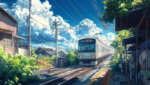 Local commuter train passing through sunny suburban street.