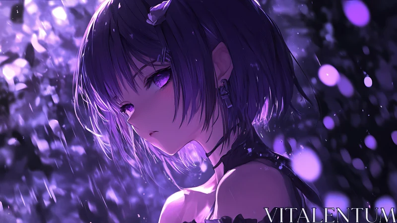 Melancholic anime girl stands in glowing violet rain