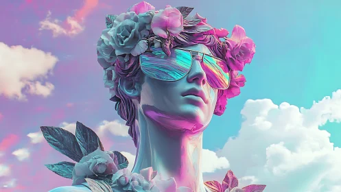 Neon-tinted classical bust with floral crown and iridescent visor