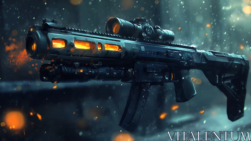 Futuristic energy rifle with glowing barrel in snowstorm.