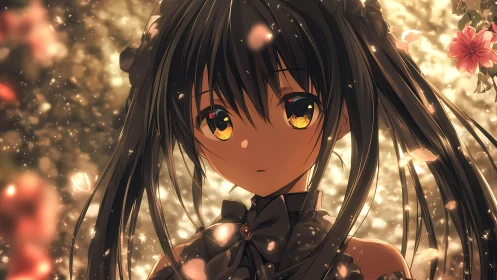 Anime girl with dark twin tails stands amid glowing petals