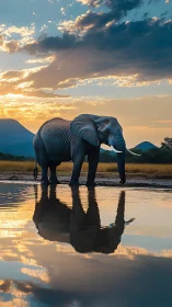Elephant stands by reflective water surface at sunset