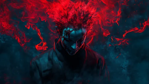 Fiery crimson spectral figure with dissolving face in smoke