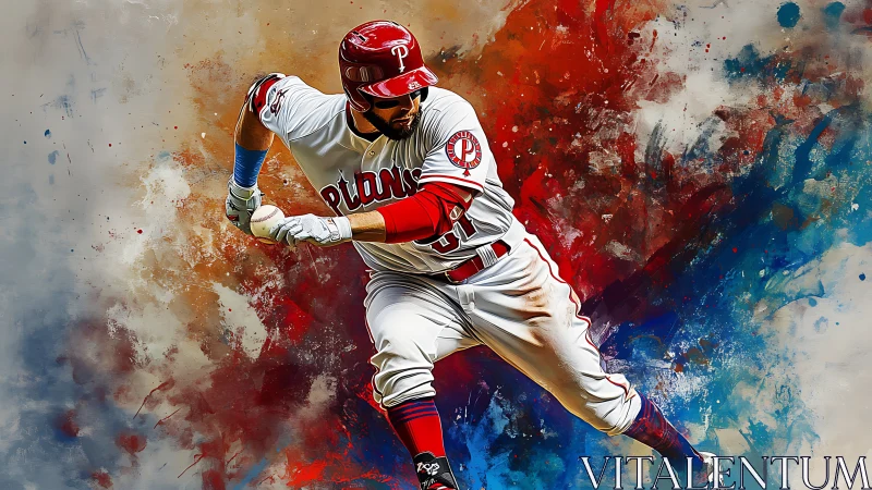 Dynamic baseball batter in motion amid abstract paint explosion