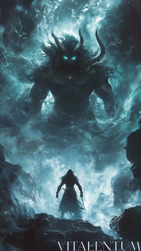 Warrior confronts massive horned spirit in glowing storm