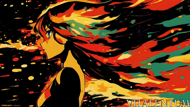 Side profile anime figure with abstract painted flames.