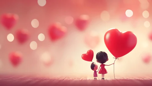 Two Children Holding Heart-Shaped Balloons in Love.