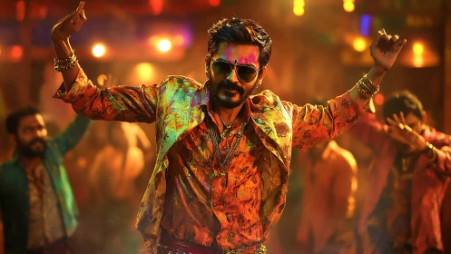 Color-drenched dancer celebrates under vibrant party lights.