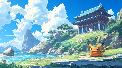 Cel-shaded coastal temple landscape integrates stylized mascot character