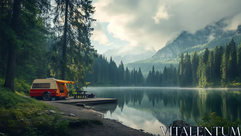 Lakeside forest camper frames misty alpine sunrise reflection.