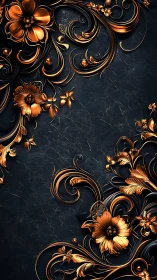 Baroque copper florals curling over dark marble field.