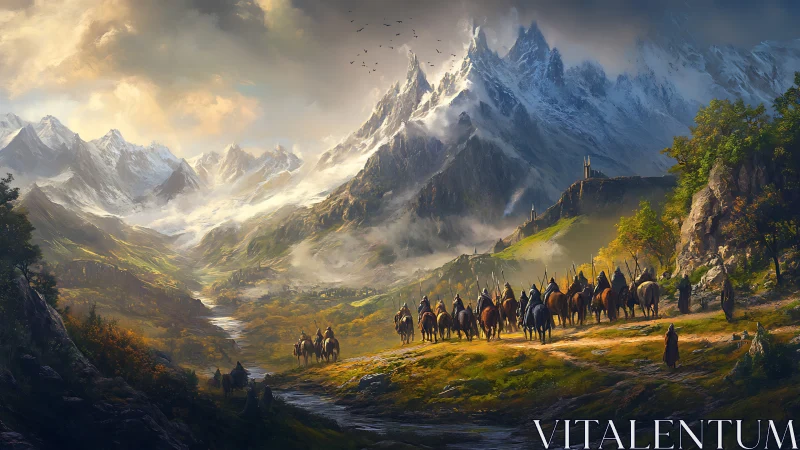 Mountainward riders under sermon of light and stormed peaks.