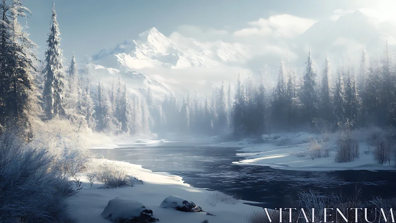 Snow laden conifer forest borders partially frozen river valley