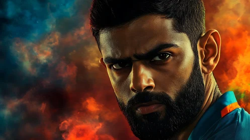 Storm-lit gaze carves a warrior silhouette from fireclouds