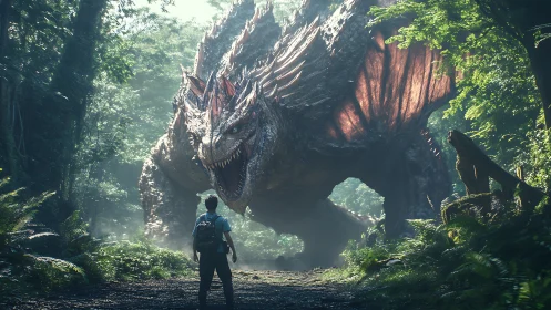 Human observer confronts large dragon creature in forest