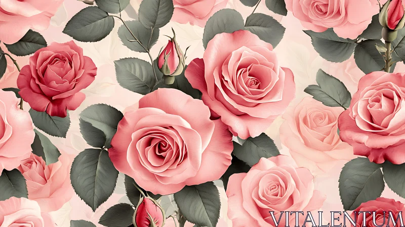 Botanical Floral Composition: Pink and Crimson Roses on Cream Background.