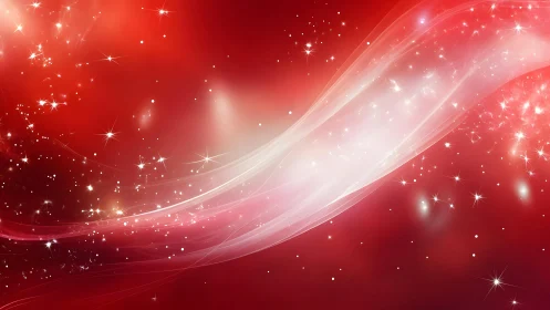 Abstract red background with glowing stars and soft light waves.