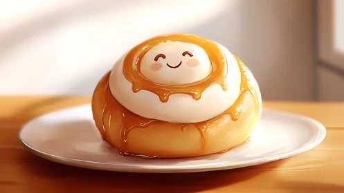 Cute caramel-drizzled bun rendered in warm digital light
